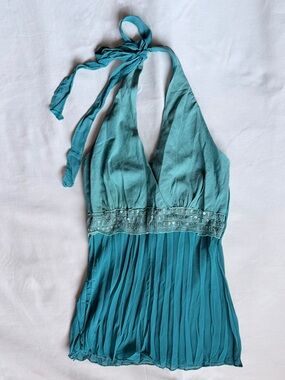 Y2K Teal Halter Top Sequin Silk Look Going Out Party Mermaid Fairycore S
